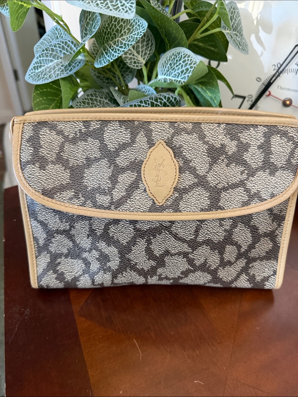 Yves Saint Laurent Gray Monogram Canvas Crossbody with Beige Trim